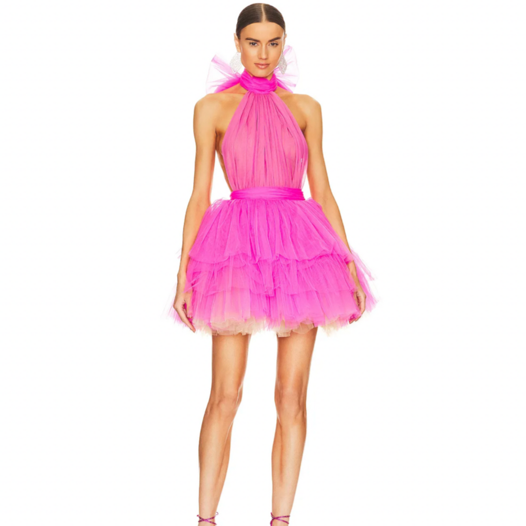 Make a fashion statement to remember in Robe Livette's Sweety Fuchsia mini dress! This sexy halter dress features an A-line tulle skirt perfect for twirling the night away. Its multi-colored detailing makes it the perfect pick for your next birthday celebration!