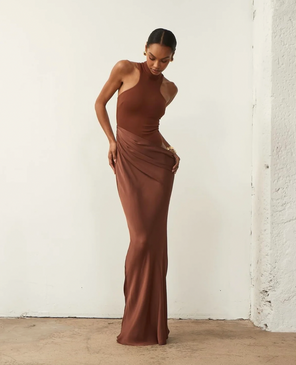 estrella halter maxi dress in toffee – Mademoiselle Lake Blue