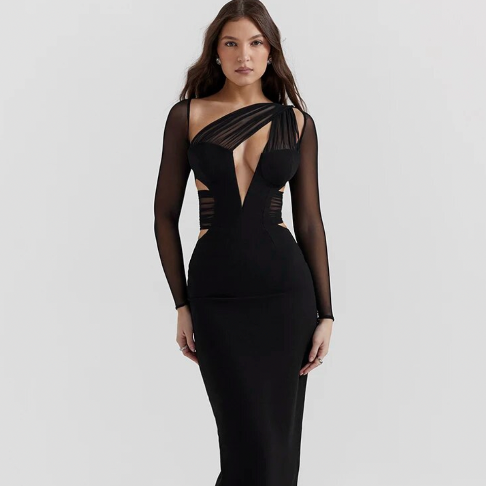 Indulge in the sophistication of our Dress Bella. This elegant hollow out bodycon maxi dress exudes luxury and exclusivity. Crafted for women who crave sensuality, it accentuates your curves and showcases your femininity. With its intricate design and seductive fit, this dress is sure to make a statement at any event.