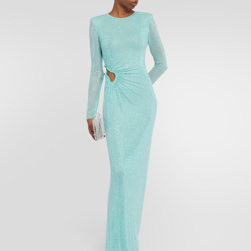Indulge in luxury and stand out in style with this SELF-PORTRAIT Cutout embellished maxi dress. Featuring intricate cutouts and delicate embellishments, this dress is a true work of art. Gracefully accentuating your silhouette, it's the perfect statement piece for any upscale event. Elevate your wardrobe and make a statement with this stunning dress.