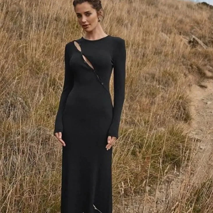 Elevate your wardrobe with our Dress Emmett! This stunning maxi dress features a slim fit design and chest button decor for a unique touch. The full sleeve and O-neck add a touch of elegance, while the irregular hemline adds an edgy twist. Perfect for any occasion, this dress will make you feel confident and stylish!