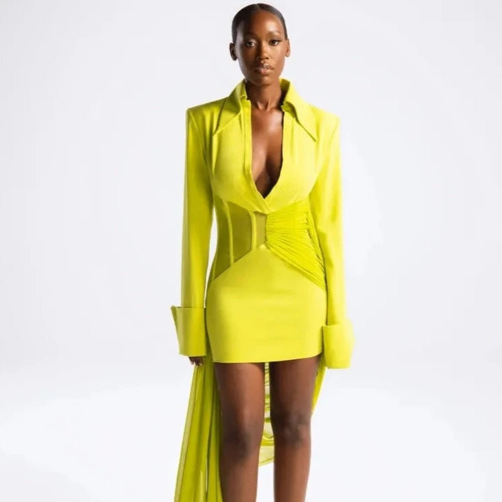 Introducing the Ali Draped Dress, a must-have for any fashion-forward woman. This stunning mini dress features long mesh sleeves and draped folds, creating a bodycon silhouette that is both edgy and feminine. Available in fluorescent green, this dress is sure to turn heads wherever you go. Elevate your style game with the Ali Draped Dress.