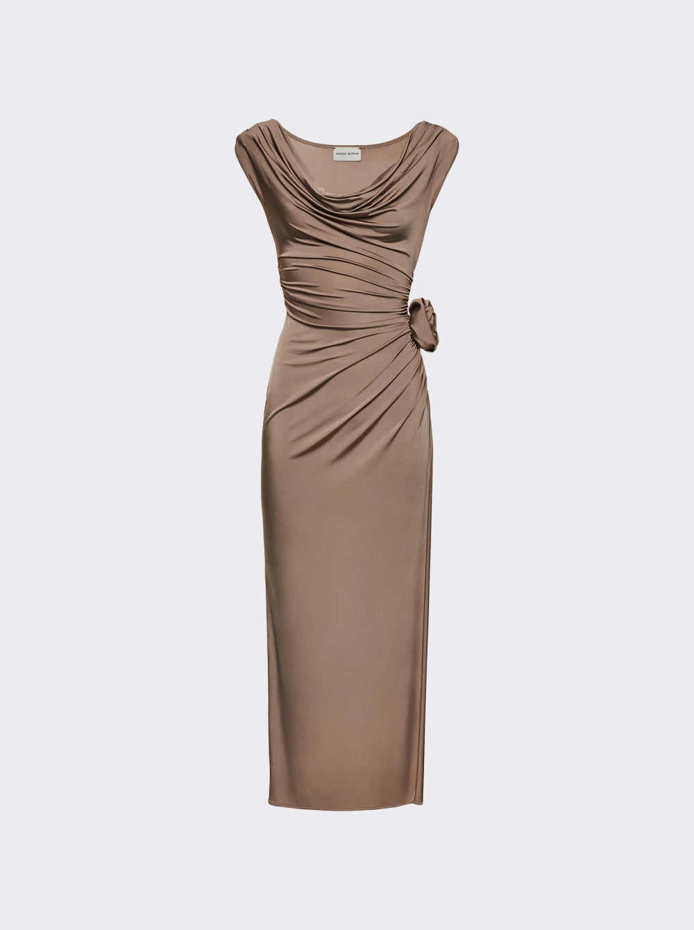 Add a touch of elegance to your wardrobe with the Cowl Neck Jersey Midi Dress by Magda Butrym! The jersey fit and cowl neck design create a flattering silhouette, while the high slit and flower detail add a touch of sophistication. Perfect for any occasion, this dress will make you feel confident and stylish.
