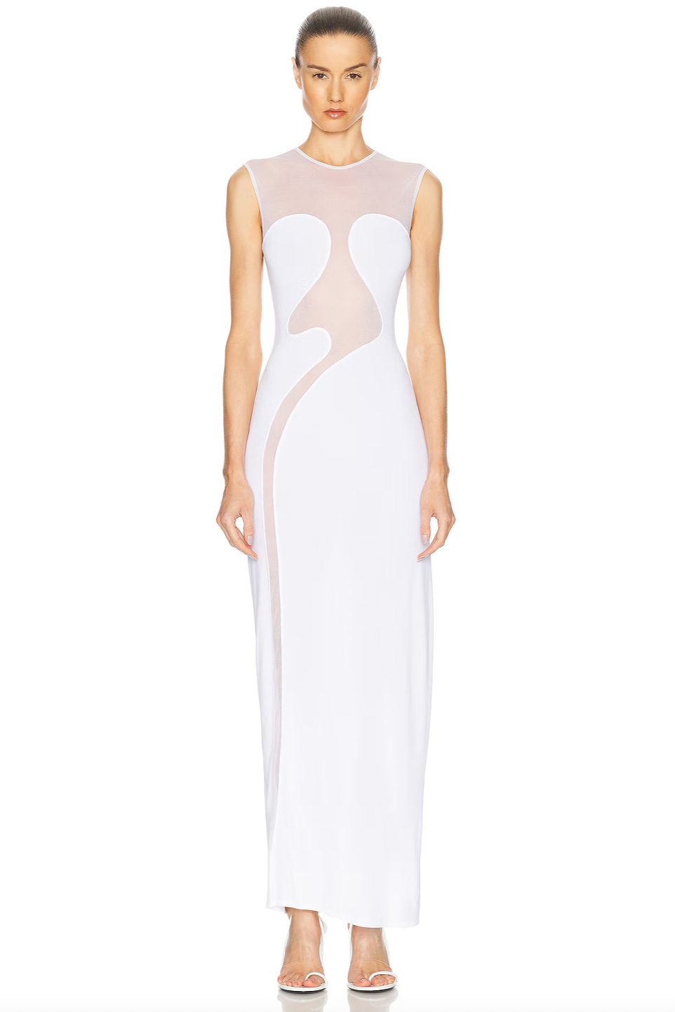 Alaïa’s Molded Dress in mesh is expertly tailored to flatter your natural curves effortlessly. Crafted from subtly stretchy fabric, it promises comfort without compromising on fit. Sheer mesh panels introduce a refined allure, delivering a tasteful hint of elegance that enhances the dress’s sleek silhouette. Ideal for occasions when you want to make a confident, understated statement.