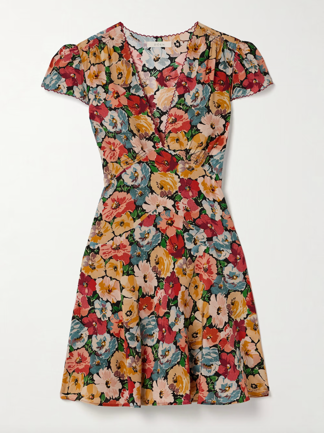 Experience effortless elegance with the Dianne floral-print mini dress by Doen. Crafted from luxurious silk crepe de chine, it features cheerful blooms enhanced by delicate burgundy embroidery along scalloped edges. The shirred shoulders and adjustable back ties create a flattering, tailored fit that highlights your waist, making it perfect for any occasion where you want to stand out with grace and charm.