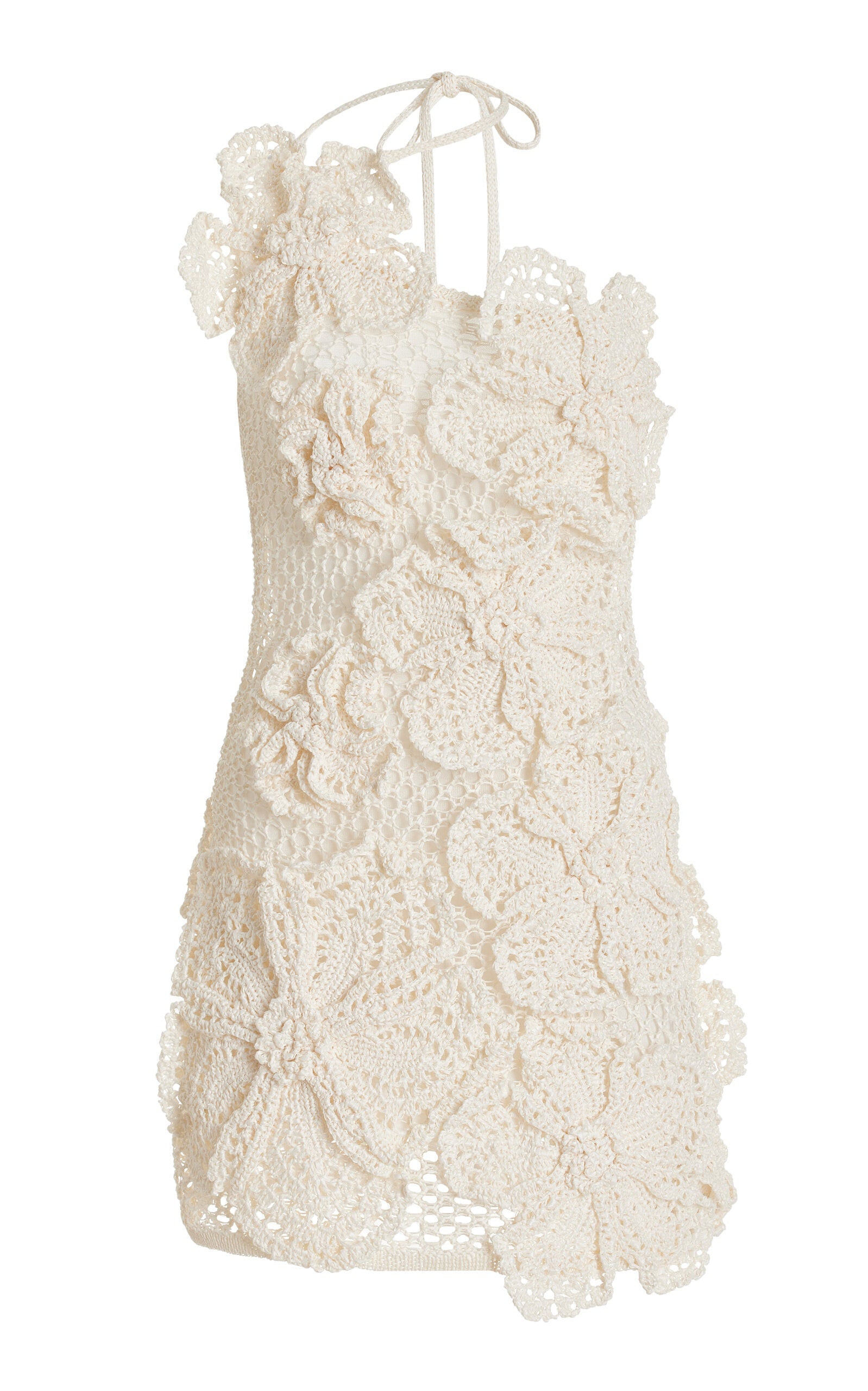 The Kendria mini dress is an effortlessly chic statement piece that commands attention. This slim-fitting design features a striking one-shoulder neckline that flatters and elongates, while intricate crochet work showcases delicate eyelet patterns. Three-dimensional floral details add romantic texture and dimension, creating a dress that's both sophisticated and playfully feminine. 