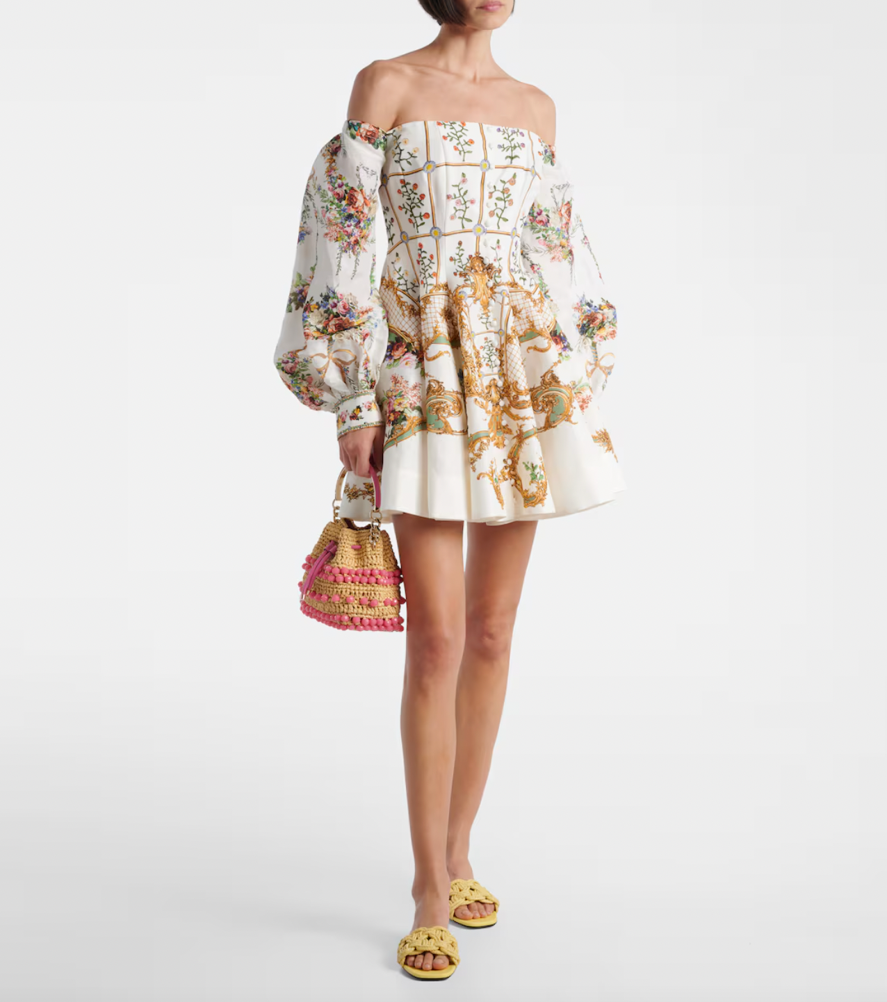 Embrace maximalist elegance with this stunning bustier dress, where Camilla's signature hand-drawn florals meet luxurious craftsmanship. Expertly tailored from a refined linen and silk blend, this showstopping piece features an alluring off-shoulder neckline, intricately placed crystal embellishments, and dramatic billowing sleeves that command attention. The voluminous skirt creates an unforgettable silhouette perfect for those who refuse to blend in. 