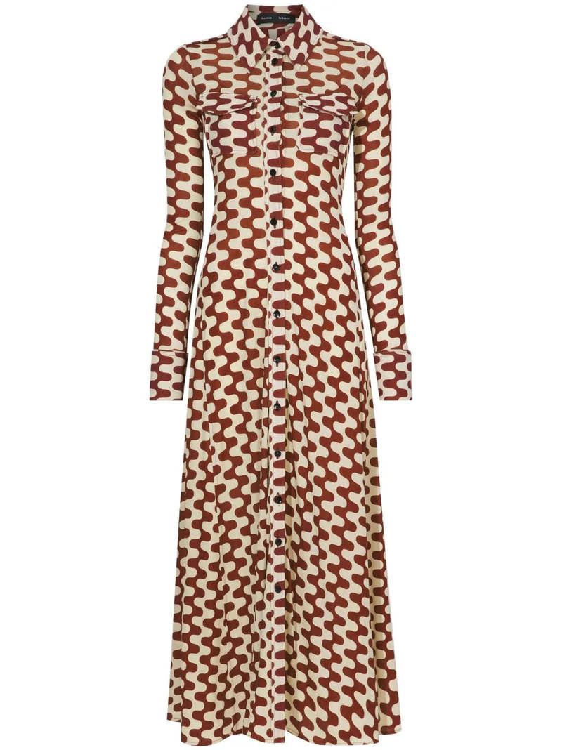 Proenza Schouler's Printed Matte Jersey Shirt Dress is cut to a slim-fitting silhouette and patterned with a retro zigzag motif in wine red and ecru. Finished with a self-tie waist belt and polished gold-tone metal cufflinks.