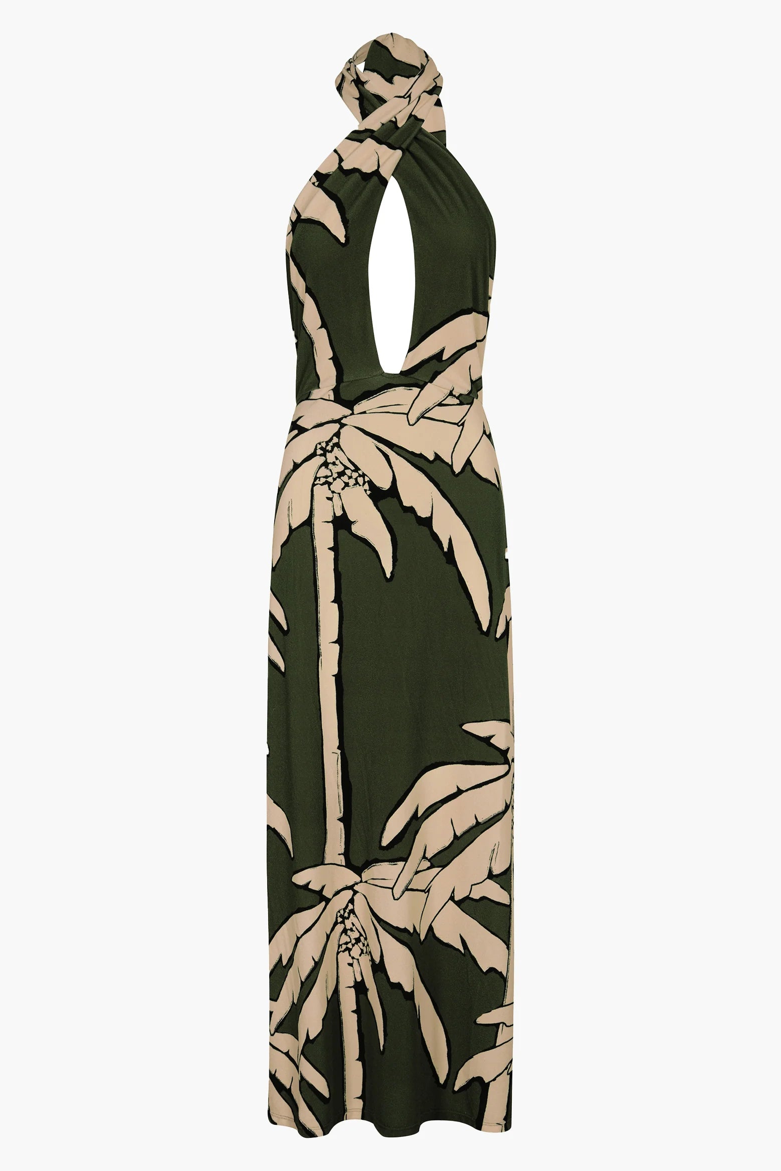 Elevate your summer wardrobe with the Oceanic Mantra Ankle Dress by Johanna Ortiz. This elegant halter neck dress showcases the iconic palm print in soothing green and ecru tones, perfectly blending relaxed comfort with a sophisticated edge. Bold front cutouts and a versatile tie-back closure add modern flair, while its breathable fabric keeps you cool and chic. Ideal for beach outings or stylish gatherings, pair it with strappy sandals and statement earrings to capture effortless, refined style.