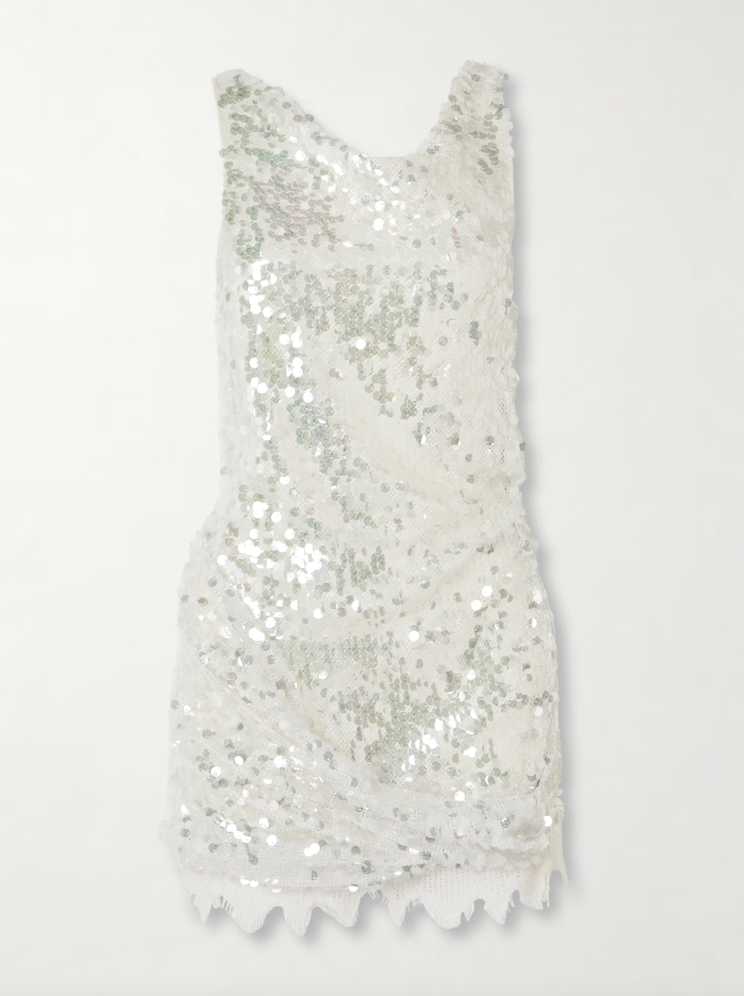 This Cotton-blend Lace-trimmed Sequined Mesh Mini Dress by Christopher Esber brings effortless glamour to your party lineup. Crafted from shimmering mesh adorned with opaline sequins, it catches the light beautifully, while the jagged lace hem and asymmetric neckline add a modern, distinctive touch. Perfect for standing out, pair it with heeled sandals and shimmery eye shadow to complete your unforgettable look.