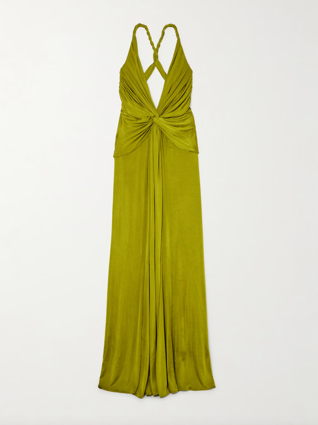 Elevate your evening in the Open-back Twist-front Jersey Gown by Tom Ford. Designed to impress, the plunging neckline and twisted front create beautiful drapes that flow to the floor. With eye-catching rolled shoulder straps and an alluring open back, this gown will make you the center of attention.