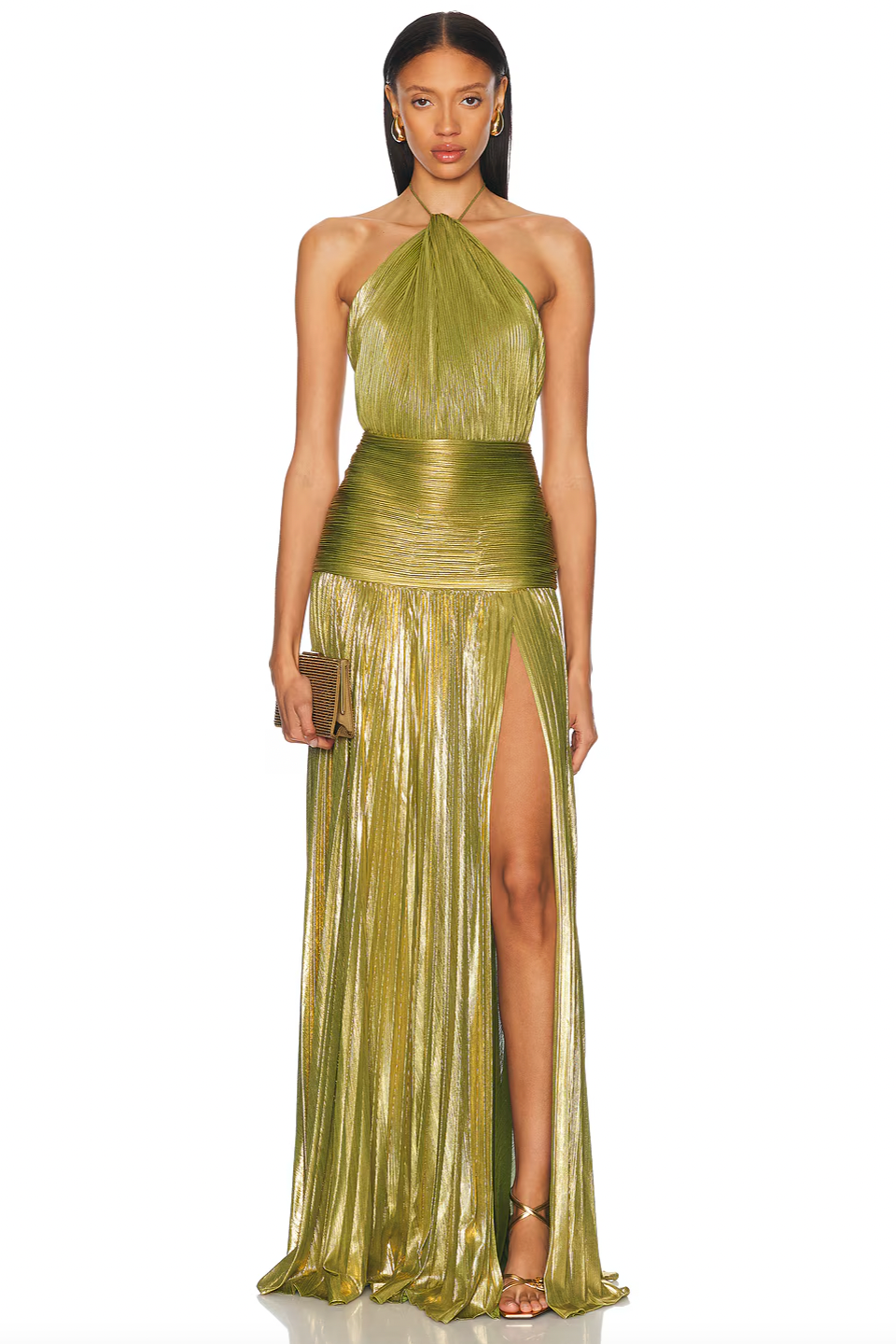 Elevate your style with the Thalia Dress by Retrofete, featuring a luxurious pleated satin fabric that catches the light beautifully. Its halterneck tie-up closure and hidden back zipper ensure a perfect fit, while the open back design adds a touch of alluring elegance. The partially lined construction and front slit offer comfort and movement, making this dress ideal for captivating every occasion effortlessly.