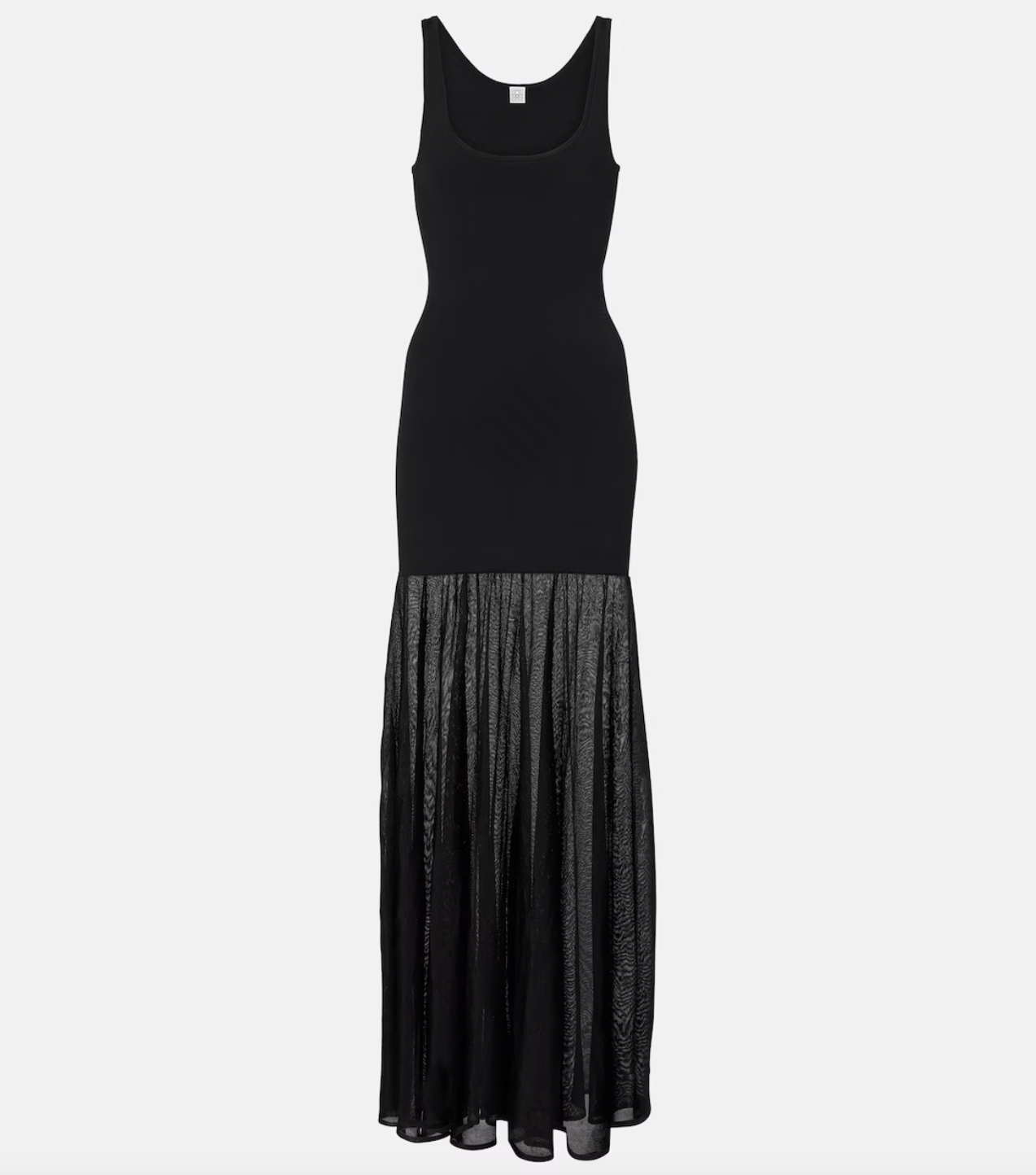 Elevate your evening look with this sleek black maxi dress by Toteme. Featuring a fine knit fabric and a panelled design, it offers both comfort and subtle sophistication. The sleeveless scoop neck and unlined construction keep the silhouette light and breathable, while the flared, long skirt adds graceful movement. Perfect for formal occasions, this dress combines understated elegance with a modern edge.