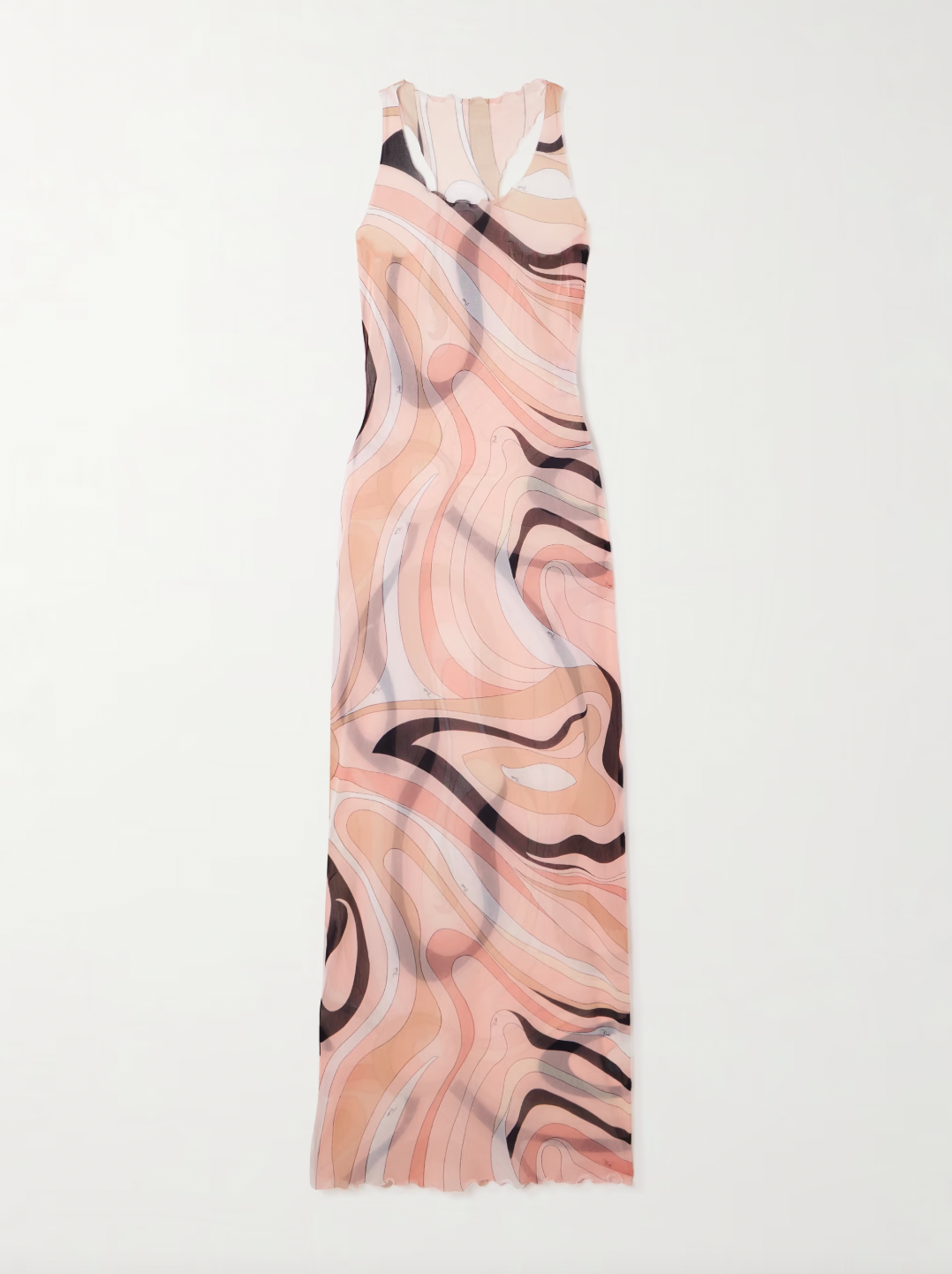 The Mesh Maxi Dress by PUCCI captures timeless elegance with its sheer fabric and delicate ruffled trims, featuring the iconic 1968 marbled 'Marmo' motif. This body-hugging design offers versatile styling—perfect layered over matching underlayers for a refined look or worn as a chic coverup on beach and boat days. Elevate your wardrobe with this dress that effortlessly blends sophistication and casual glamour.