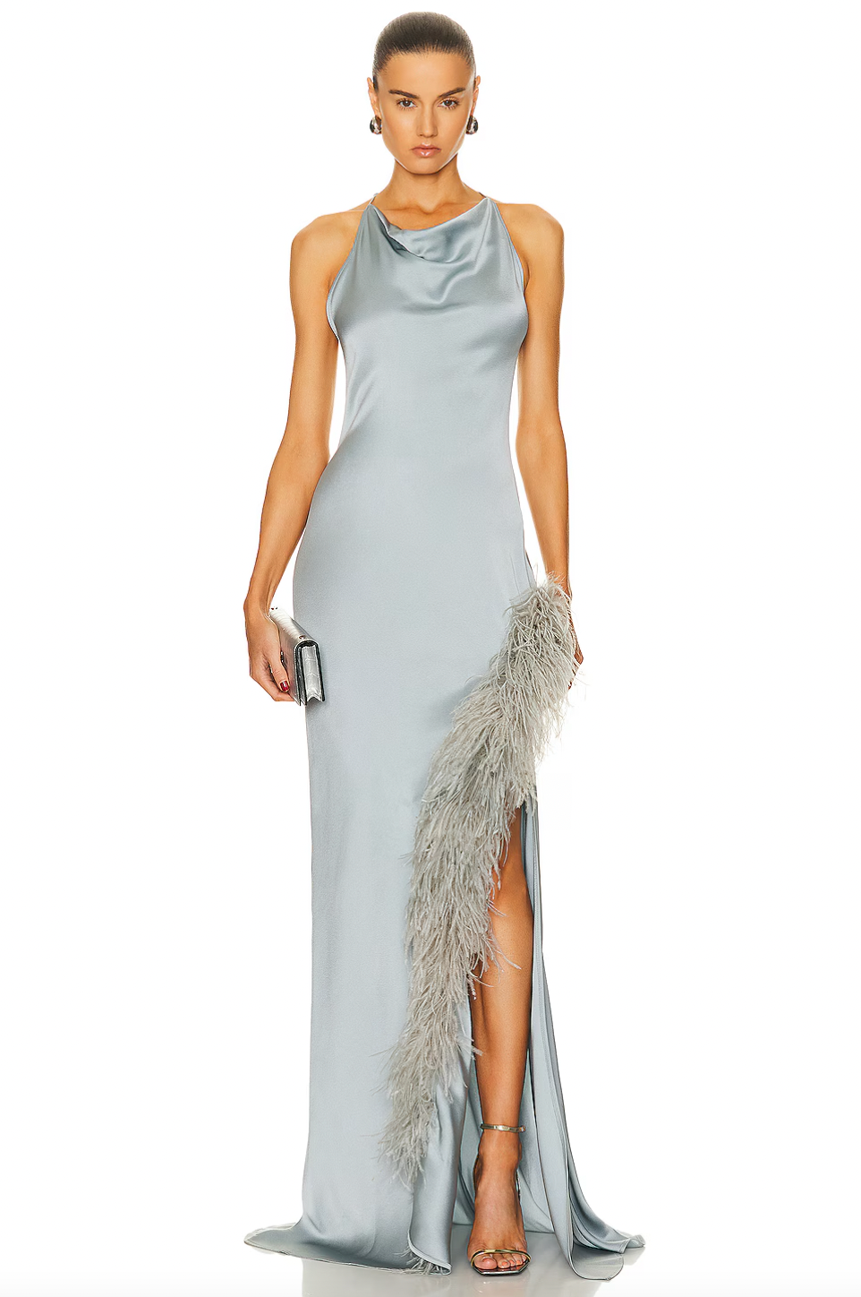 Indulge in luxury with this stunning Lapointe Doubleface Satin Halter Cowl Neck Ostrich Gown. The smooth satin and elegant cowl neck design exude sophistication, while the halter style and ostrich feathers add a touch of drama. Perfect for special occasions, this gown is sure to make a statement and leave a lasting impression.