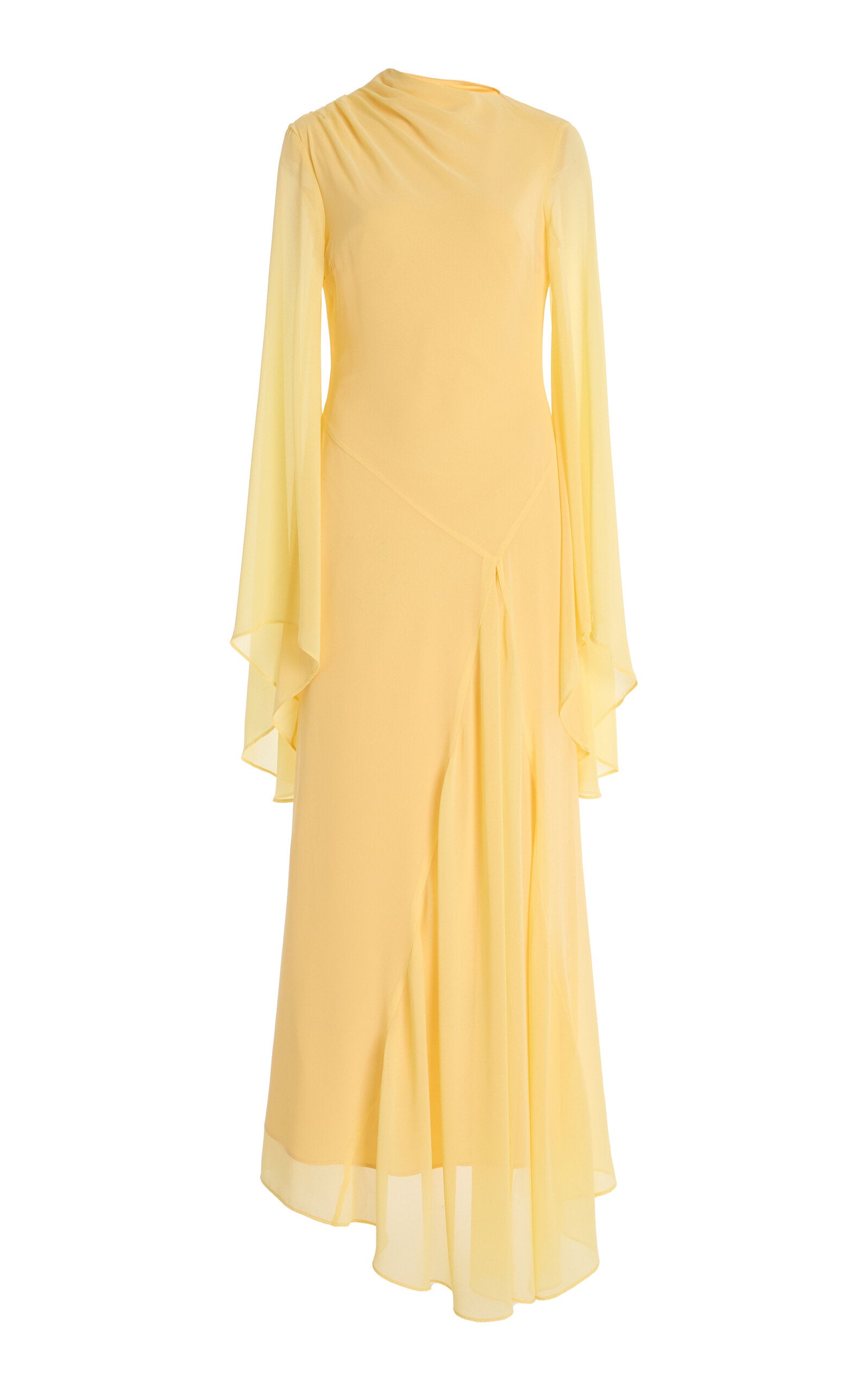 The Hausos Chiffon Maxi Dress by De La Vali features a graceful ankle-to-floor length with a dipped waist seam that enhances your natural silhouette. Its draped skirt with godet adds movement and flow, while the asymmetric neckline offers a unique touch. Long pagoda sleeves create a dramatic flare, combining elegance with a bold statement. Designed to make you feel confident and effortlessly empowered in every occasion.