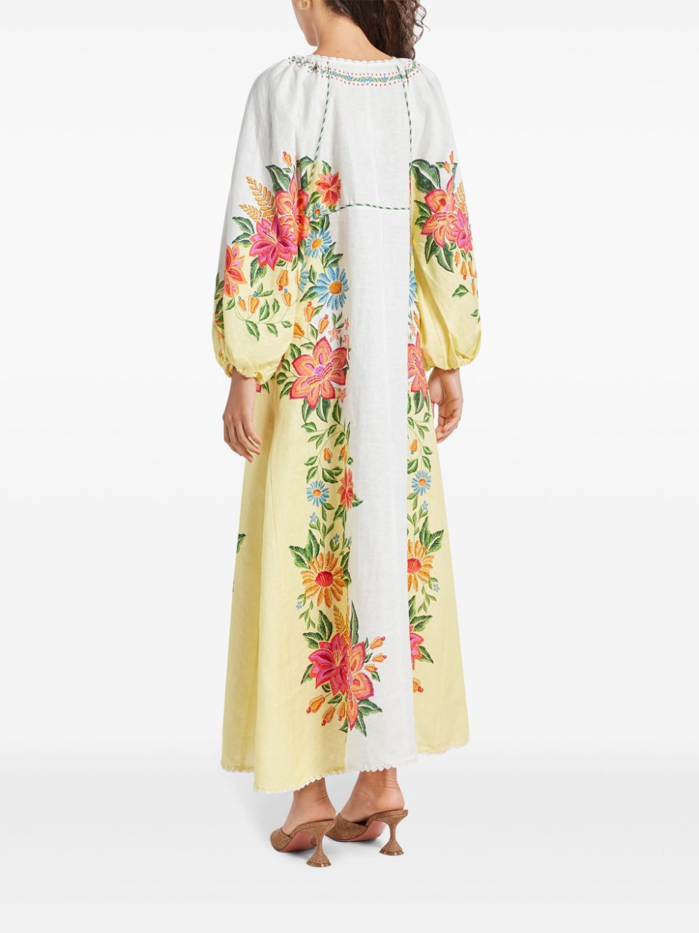 Introducing the Bloom Maxi Dress by FARM Rio. This off-white dress features a beautiful floral print and a unique tassel detail on the neckline. Made with lightweight and breathable linen, the maxi length and elastic cuffs add a playful touch to the elegant design. Complete your summer wardrobe with this must-have piece!
