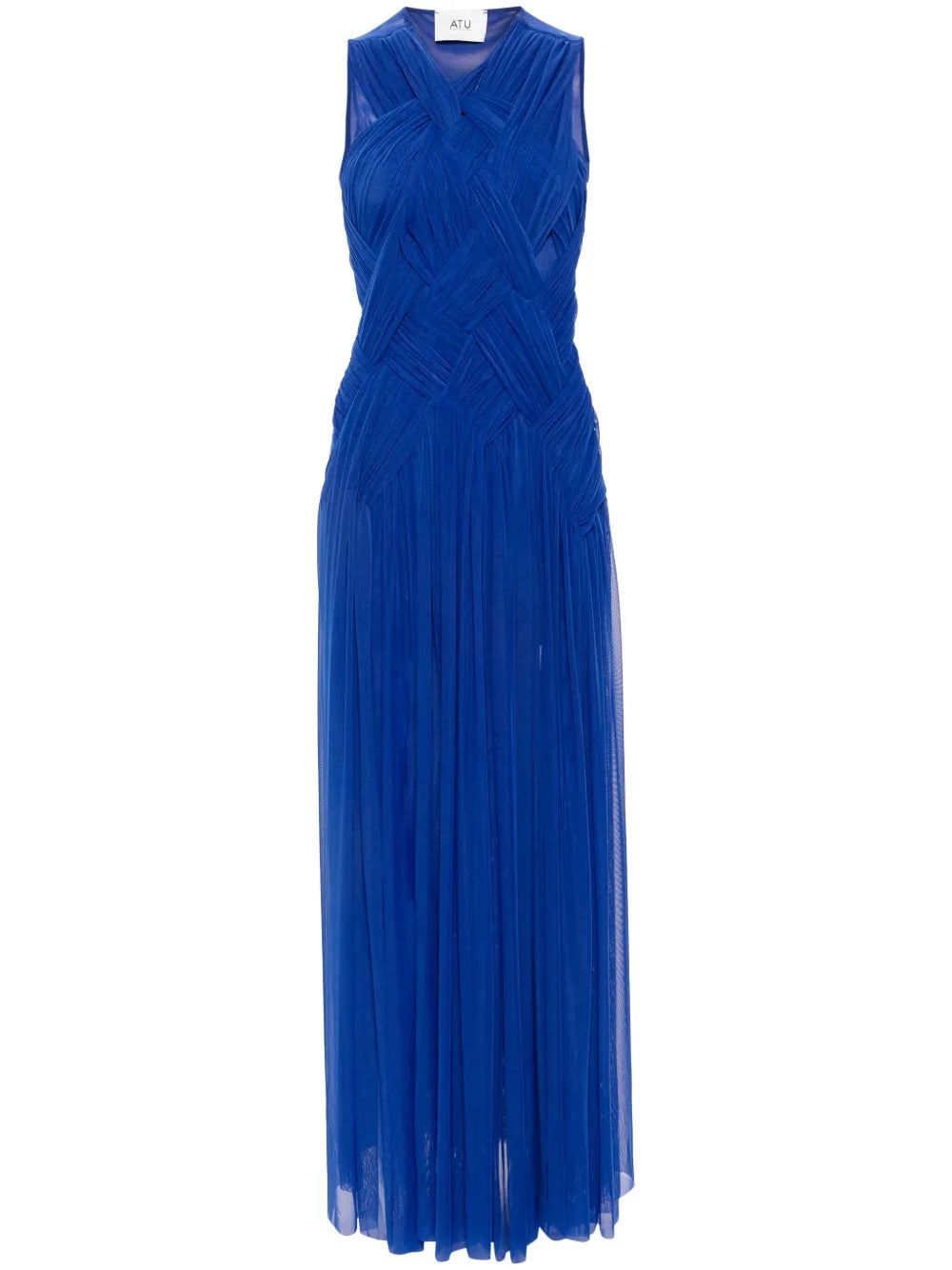 Embrace elegance with the Emotional braided maxi dress by Atu Body Couture. This stunning royal blue creation features intricate braid detailing and gathered accents that flow beautifully across a fully pleated silhouette. The mesh design adds an alluring touch, while the draped crew neck and sleeveless cut offer modern sophistication. The dramatic high-low hem transitions to a floor-length finish, creating movement with every step. 