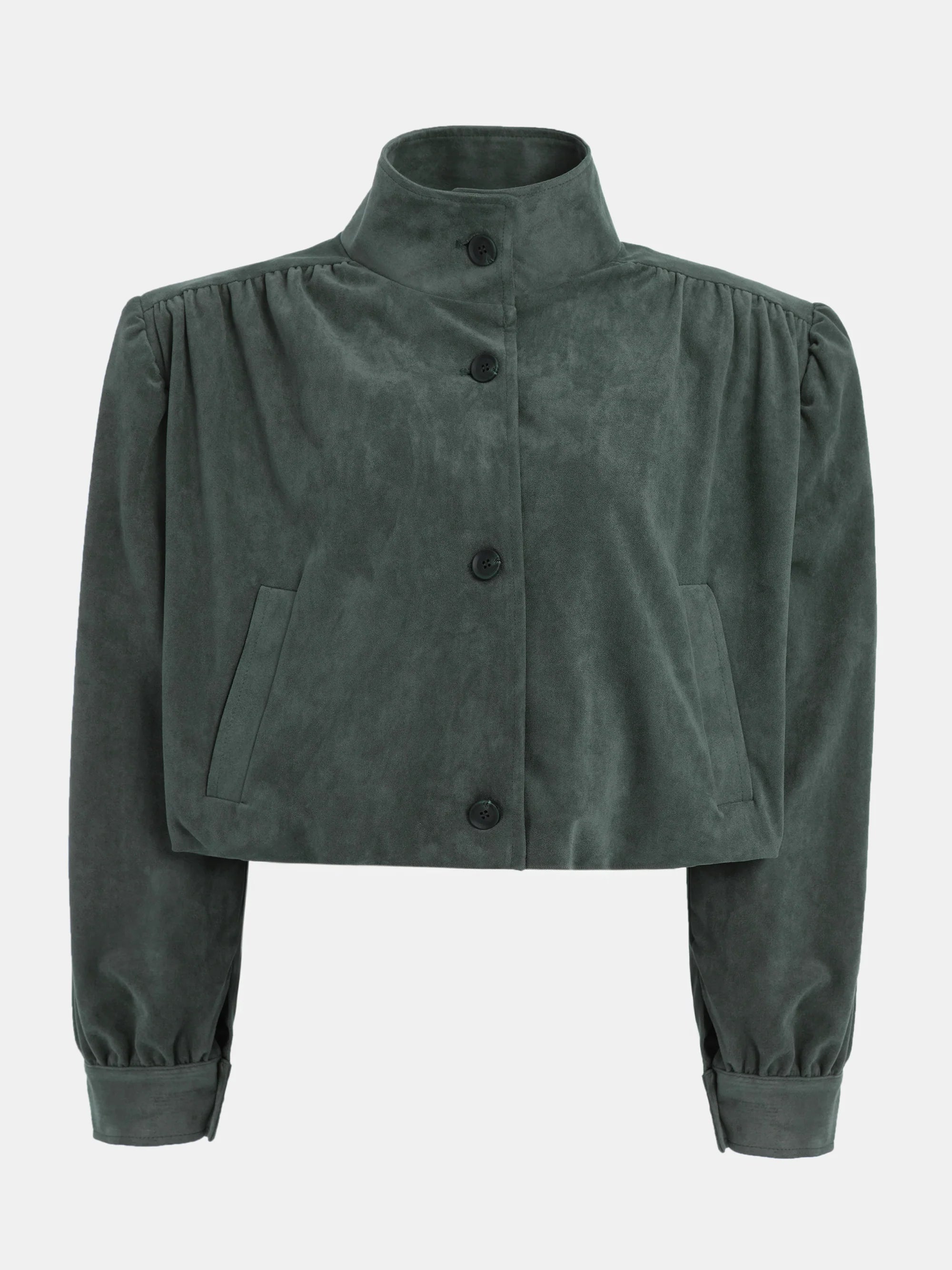 This Ruched Suede Jacket in Grey blends timeless style with contemporary flair. Featuring a boxy silhouette and padded shoulders, it exudes confidence, while the stand collar and gathered pleats add refined detail. The softly structured waistband creates a relaxed blouson effect, offering a polished look that’s both comfortable and stylish. Fully lined for all-day ease, this jacket effortlessly enhances any outfit with understated sophistication.