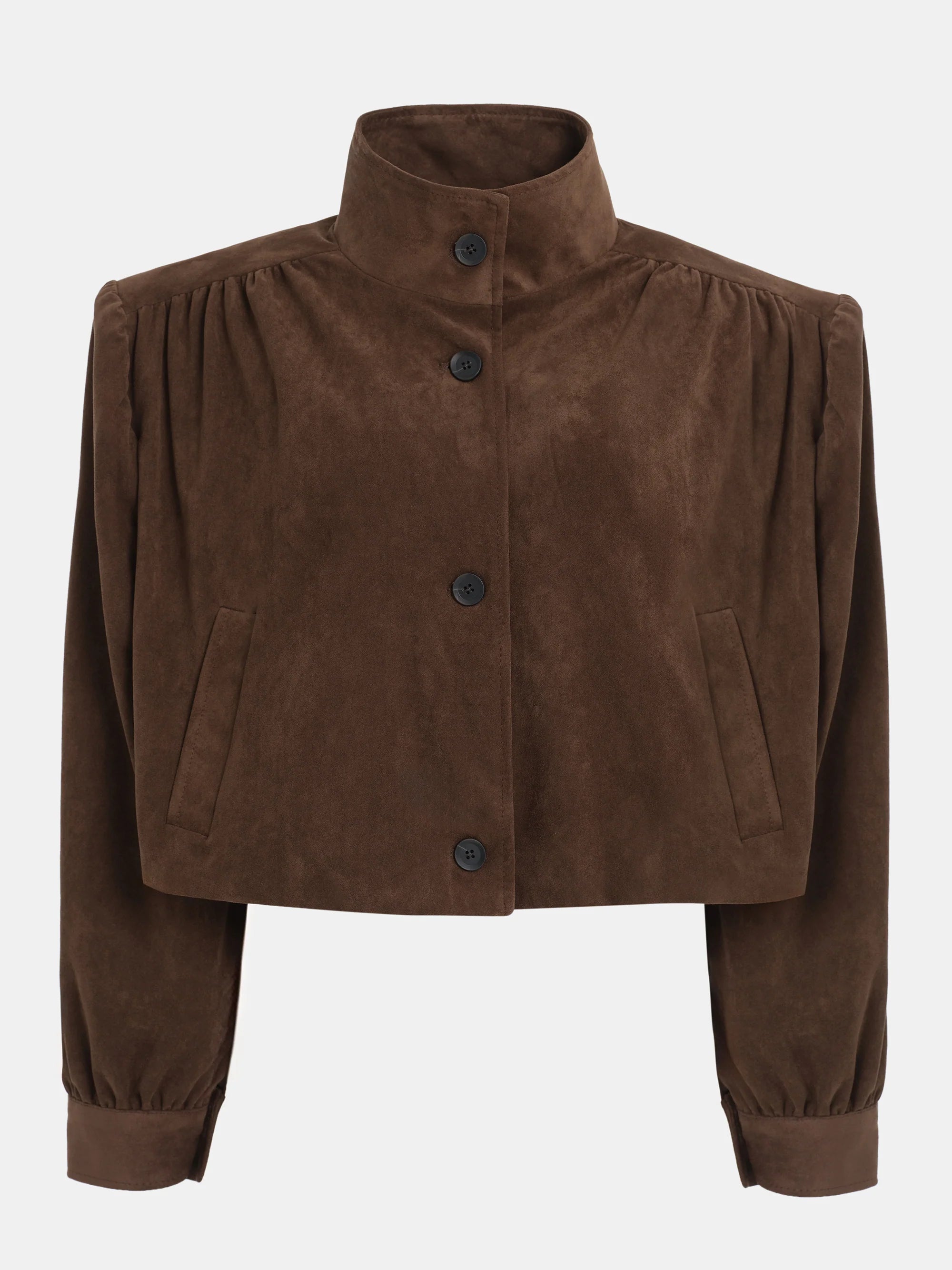 This Ruched Suede Jacket in Brown blends timeless style with contemporary flair. Featuring a boxy silhouette and padded shoulders, it exudes confidence, while the stand collar and gathered pleats add refined detail. The softly structured waistband creates a relaxed blouson effect, offering a polished look that’s both comfortable and stylish. Fully lined for all-day ease, this jacket effortlessly enhances any outfit with understated sophistication.