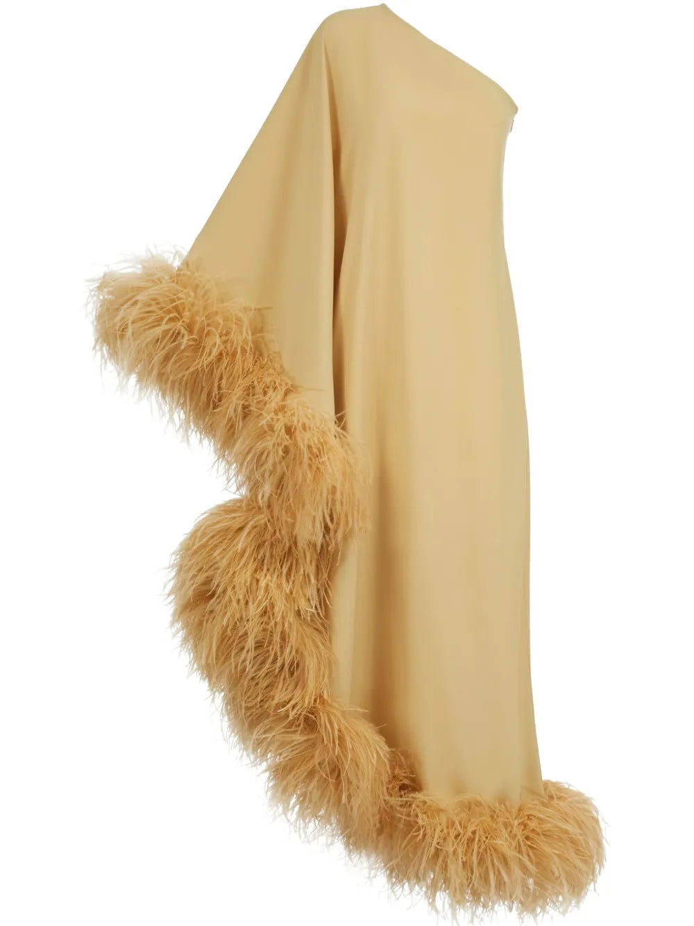 Elevate your style with the Ubud dress by Taller Marmo, crafted in Italy for a touch of refined elegance. This mustard yellow standout features a unique one-shoulder design with a single long sleeve, perfectly complemented by delicate feather detailing. The side zip fastening ensures a flawless fit, making it ideal for special occasions where you want to impress effortlessly.