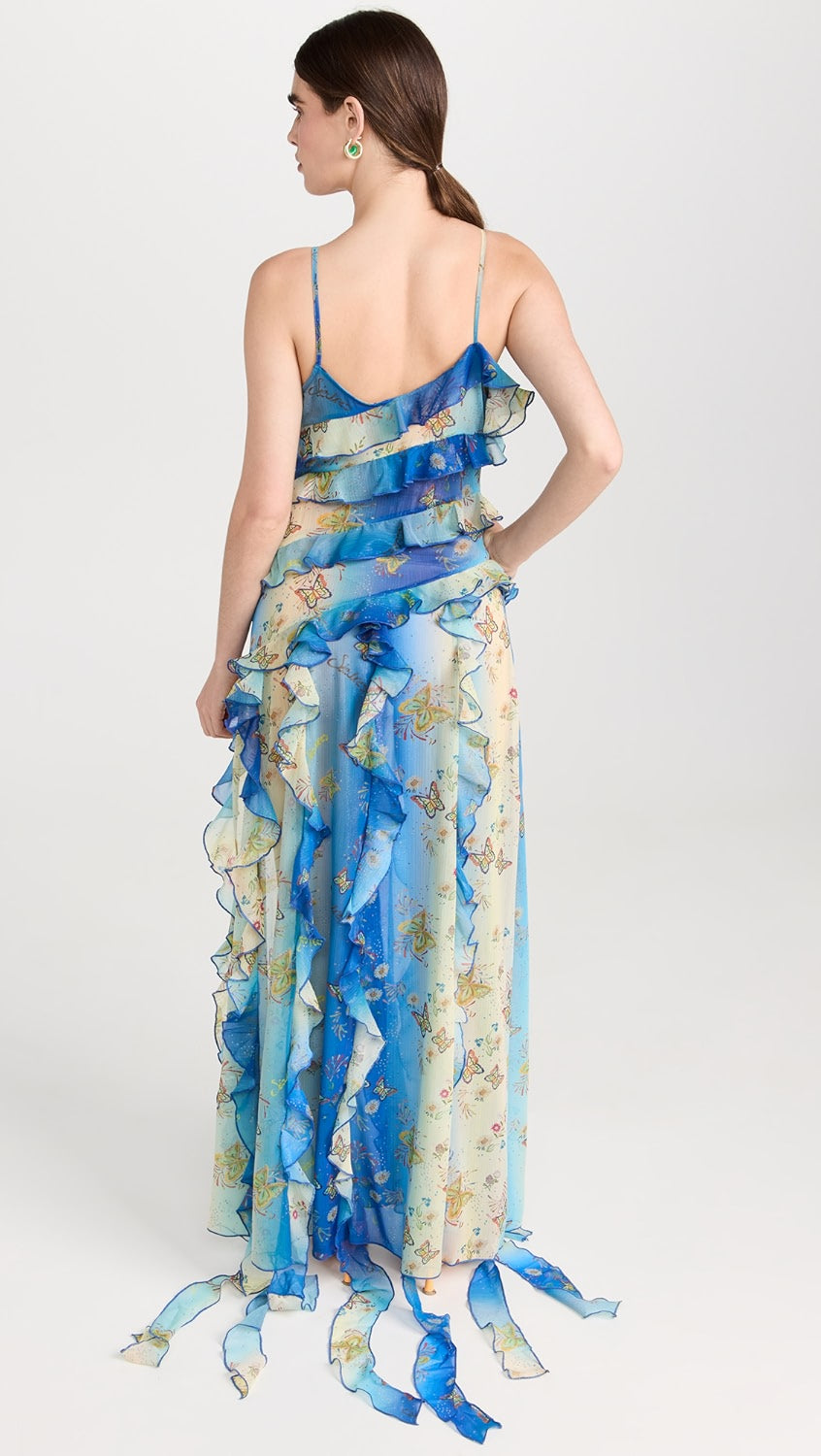 Elevate your style with the stunning SIEDRES Mari Dress! Made from lightweight, non-stretch chiffon with a beautiful butterfly print and metallic threading, this dress will make you stand out in any crowd. Featuring ruffles at the hem, a side slit, and a V neckline with fixed straps, this is the perfect dress for any special occasion. Plus, enjoy the convenience of FREE express international delivery and EASY returns. Order now while supplies last!