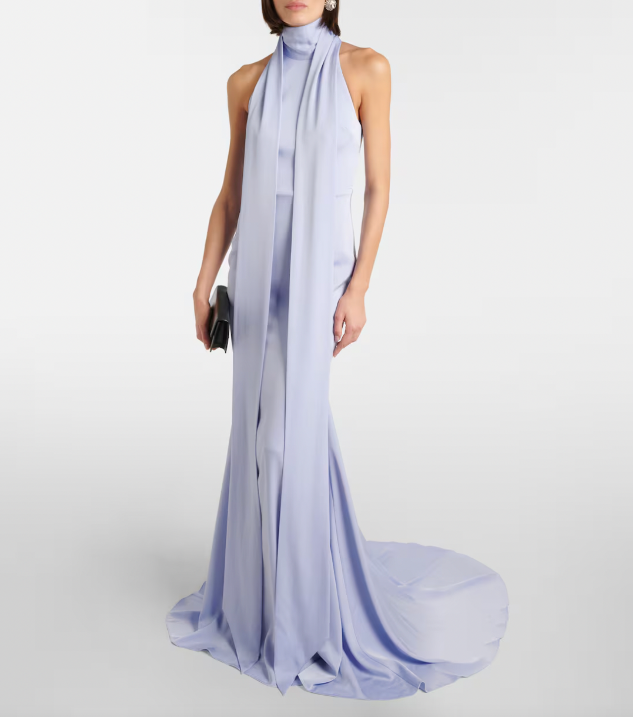 Elevate your elegance with the Scarf-detail halterneck satin gown by Alex Perry. Designed for comfort and sophistication, this gown’s smooth satin fabric and unique halter neckline with a graceful scarf detail create a striking silhouette. Ideal for formal occasions, it promises to make you stand out confidently, especially when paired with statement earrings and an elegant updo.