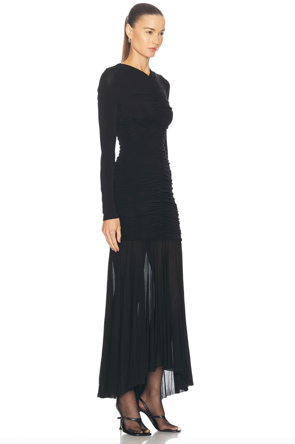 The Fawn Dress by A.L.C combines elegance and comfort with its jersey fabric and sheer skirt, creating a delicate, flowing silhouette. Featuring a partially lined design and a hidden back zipper closure, it offers a smooth fit and easy wear. The ruched fabric detail at both front and back adds a touch of sophistication, flattering your figure for any occasion. Perfect for those seeking a stylish, effortlessly chic look.