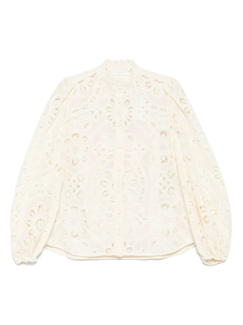 Elevate your wardrobe with this Zimmermann floral-embroidered shirt. In a versatile beige tone, it features delicate cut-out floral detailing that adds a touch of femininity and sophistication. The front button fastening ensures easy wear, while long sleeves with elasticated cuffs provide comfort and style. Perfect for any occasion, this shirt effortlessly combines elegance with everyday ease.