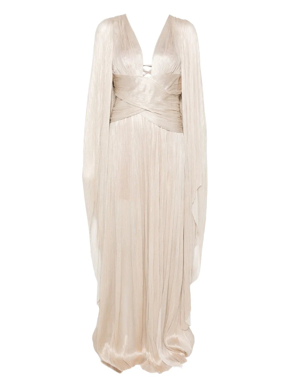 Elevate your wardrobe with the Aylin Maxi Dress by Maria Lucia Hohan, a sophisticated piece that seamlessly transitions from day to evening. This stunning beige gown features a flattering V-neckline and graceful long sleeves that provide elegant coverage. The expertly pleated design creates beautiful movement and dimension, while the signature wrap detail adds a refined touch of femininity. 