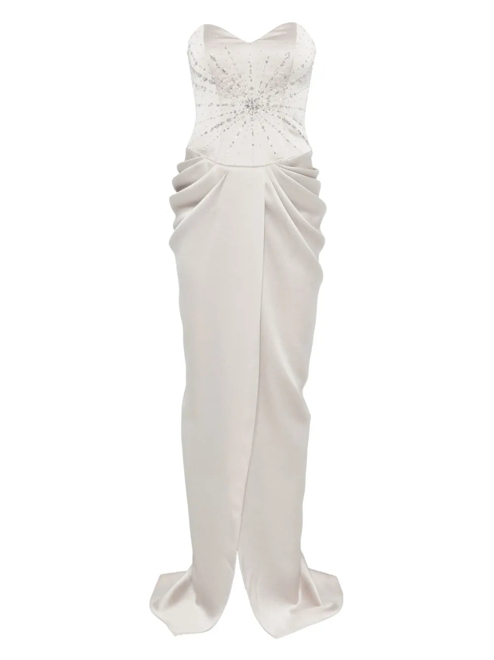 The Fabiana dress by M.Marquise is an imported evening gown that commands attention. This strapless masterpiece features elegant draped detailing and cascades to a dramatic floor length, creating an effortlessly sophisticated silhouette. Shimmering silver-tone crystal embellishments catch the light with every movement, adding glamorous sparkle to your most memorable moments. Perfect for galas, weddings, or upscale celebrations where timeless elegance matters.