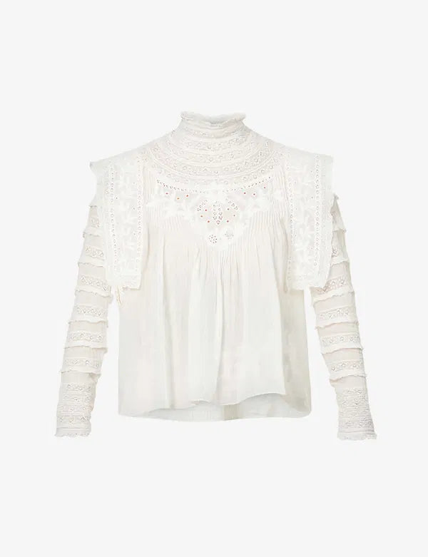 Upgrade your wardrobe with your new favorite top - the Giulia Ruffled Embroidered Cotton-Blend Blouse! Crafted from a luxurious cotton and silk blend, this blouse features delicate broderie anglaise details at the neckline and charming ruffle trim. Each wear will bring a touch of whimsy and romance to your day.