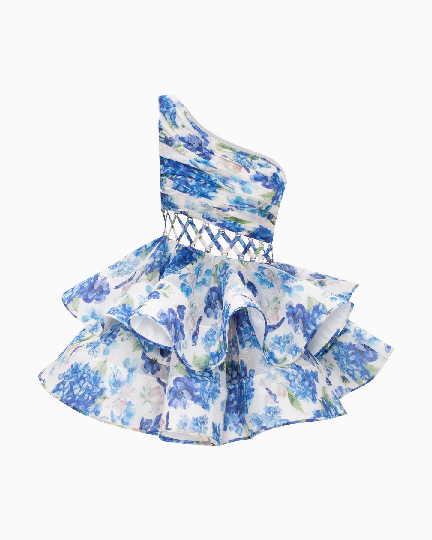 The Yvone Mini Dress blends luxurious linen silk with a charming blue floral pattern inspired by woodland blossoms. Its handcrafted asymmetrical bodice elegantly highlights your natural curves, while the adjustable waist lacing offers a tailored fit that flatters every silhouette. Perfect for those who value both romance and refinement, this dress delivers sophisticated style and unique feminine grace.