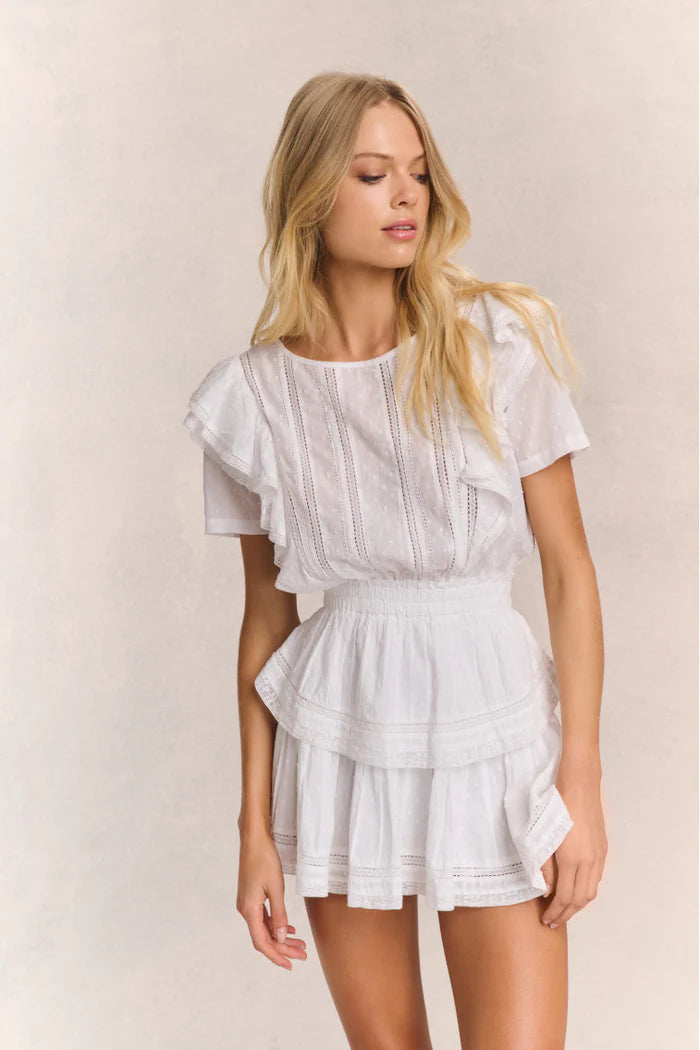 Elevate your style with the Natasha Heritage Mini Dress! The double ruffled flutter sleeves effortlessly accentuate the elasticated waist, while delicate lace trims add a touch of femininity. Perfect for any occasion, this dress exudes elegance and ease.