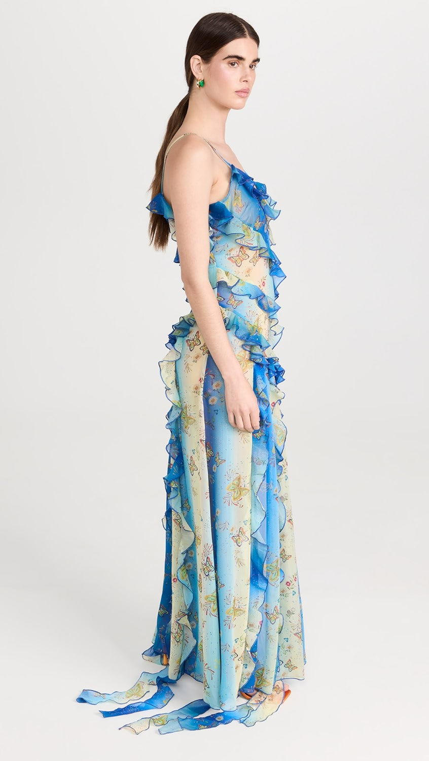 Elevate your style with the stunning SIEDRES Mari Dress! Made from lightweight, non-stretch chiffon with a beautiful butterfly print and metallic threading, this dress will make you stand out in any crowd. Featuring ruffles at the hem, a side slit, and a V neckline with fixed straps, this is the perfect dress for any special occasion. Plus, enjoy the convenience of FREE express international delivery and EASY returns. Order now while supplies last!