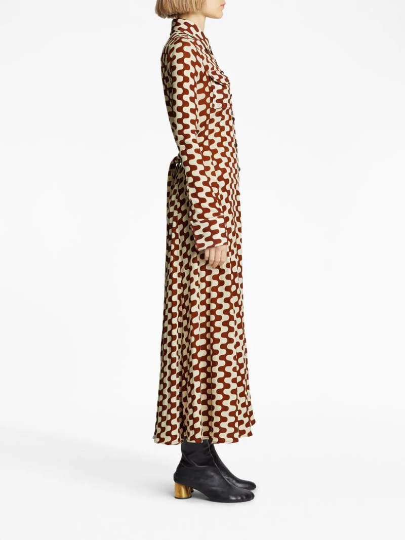 Proenza Schouler's Printed Matte Jersey Shirt Dress is cut to a slim-fitting silhouette and patterned with a retro zigzag motif in wine red and ecru. Finished with a self-tie waist belt and polished gold-tone metal cufflinks.