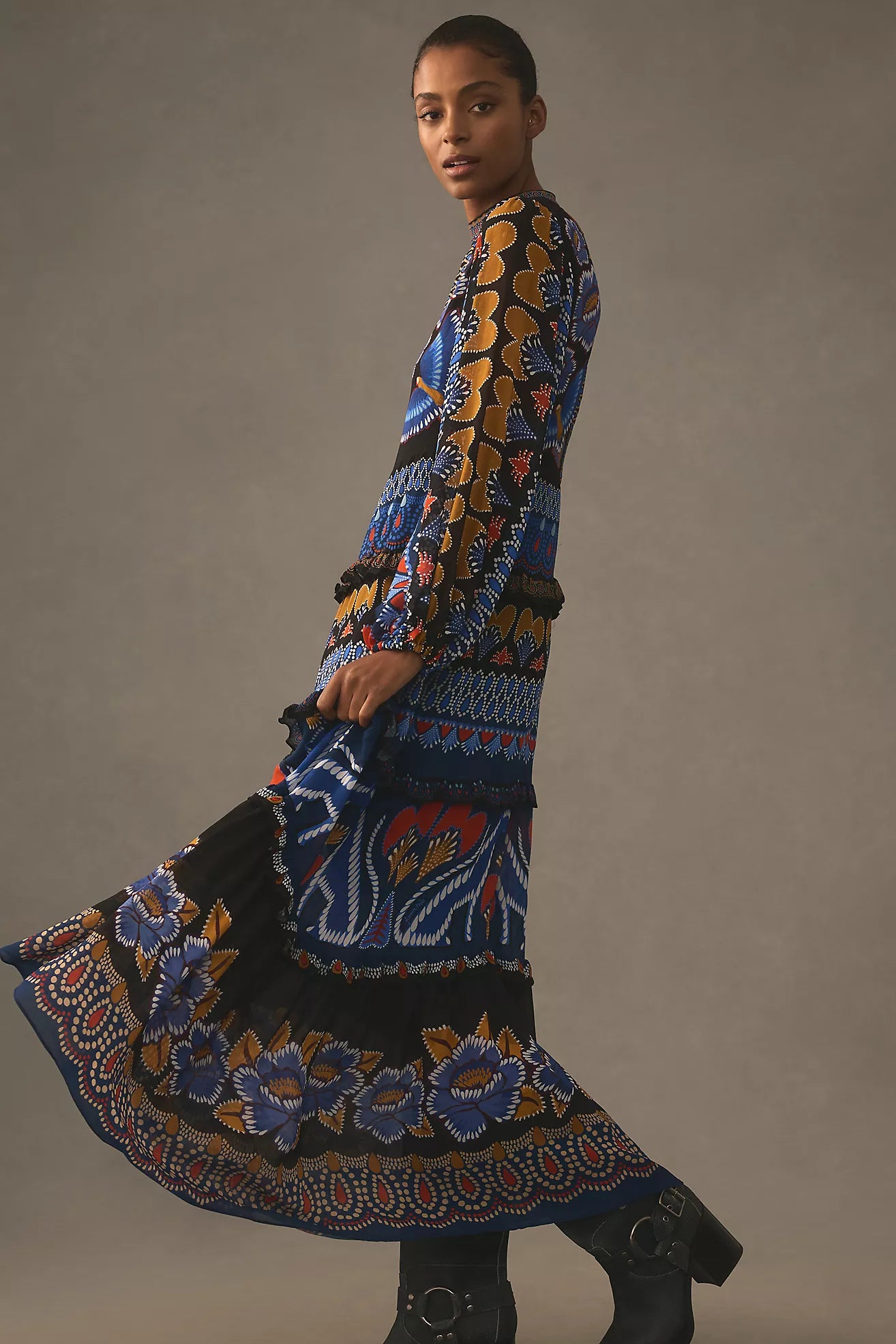 Elevate your wardrobe with the Anika Sparkle Long-Sleeve Maxi Dress by Farm Rio, featuring vibrant prints and delicate ruffles that add a touch of feminine charm. The long sleeves provide coverage for cooler days while maintaining a flowy, elegant silhouette perfect for any occasion. This dress combines comfort and style effortlessly, making it an ideal choice for day-to-night wear. Transform your look with a splash of color and graceful movement in the Anika Maxi Dress.