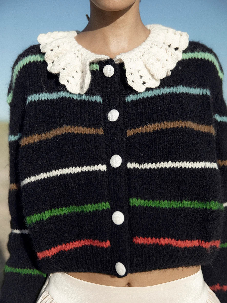 Introducing the Edna Cardigan - the perfect addition to any layered look. Made of soft knit fabric with a relaxed fit, this cardigan features a playful crochet collar and button closures. Consciously made to reduce our footprint and inspired by vintage silhouettes. Be a part of our mission to be a little bit better every day.
