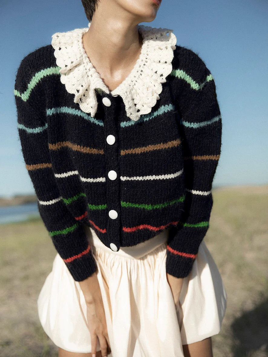 Introducing the Edna Cardigan - the perfect addition to any layered look. Made of soft knit fabric with a relaxed fit, this cardigan features a playful crochet collar and button closures. Consciously made to reduce our footprint and inspired by vintage silhouettes. Be a part of our mission to be a little bit better every day.