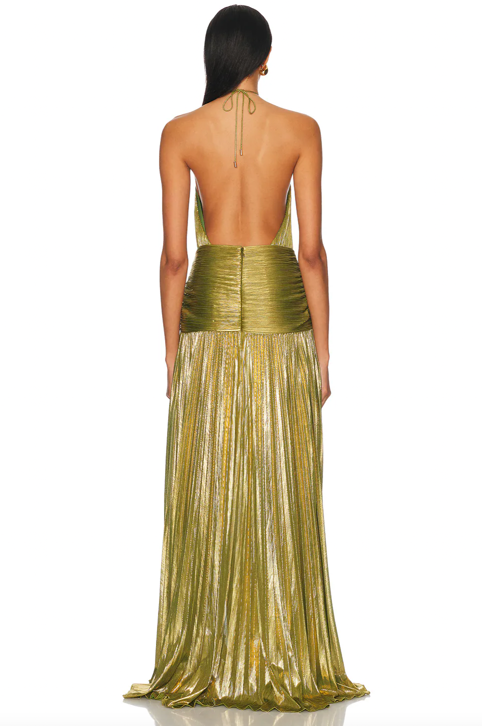 Elevate your style with the Thalia Dress by Retrofete, featuring a luxurious pleated satin fabric that catches the light beautifully. Its halterneck tie-up closure and hidden back zipper ensure a perfect fit, while the open back design adds a touch of alluring elegance. The partially lined construction and front slit offer comfort and movement, making this dress ideal for captivating every occasion effortlessly.