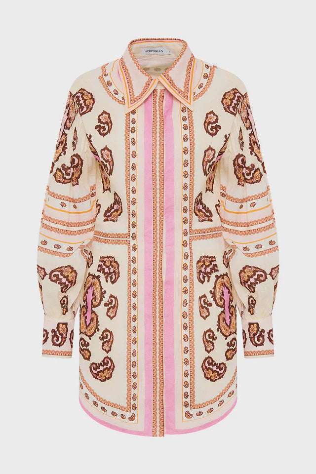 Elevate your style with the Jagger Fitted Waist Mini Dress by Antipodean. Made from luxurious linen, it boasts a hand-drawn print and balloon sleeves for a flattering silhouette. With a concealed placket, this dress is perfect for any occasion and a must-have for any wardrobe.