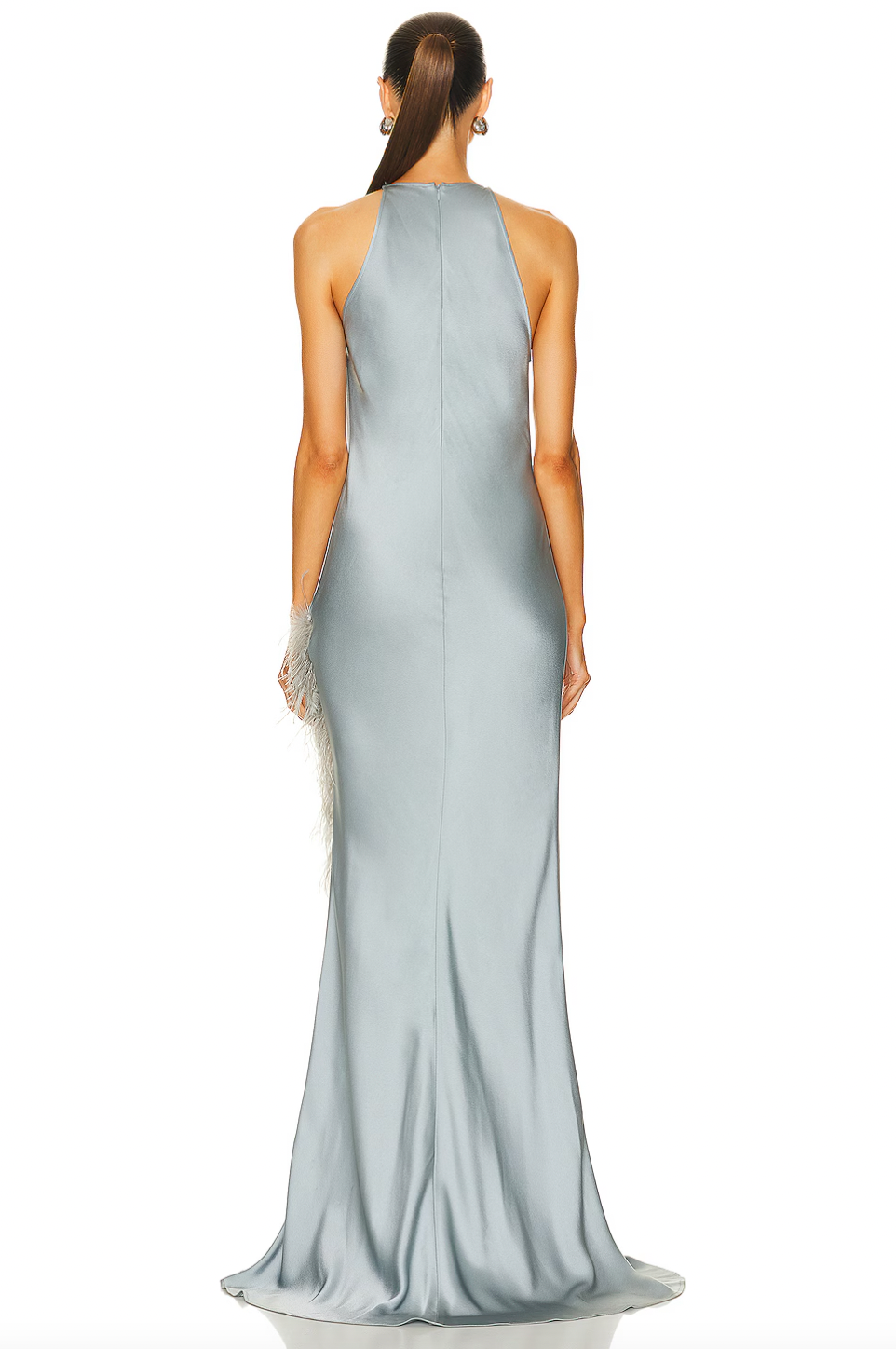Indulge in luxury with this stunning Lapointe Doubleface Satin Halter Cowl Neck Ostrich Gown. The smooth satin and elegant cowl neck design exude sophistication, while the halter style and ostrich feathers add a touch of drama. Perfect for special occasions, this gown is sure to make a statement and leave a lasting impression.