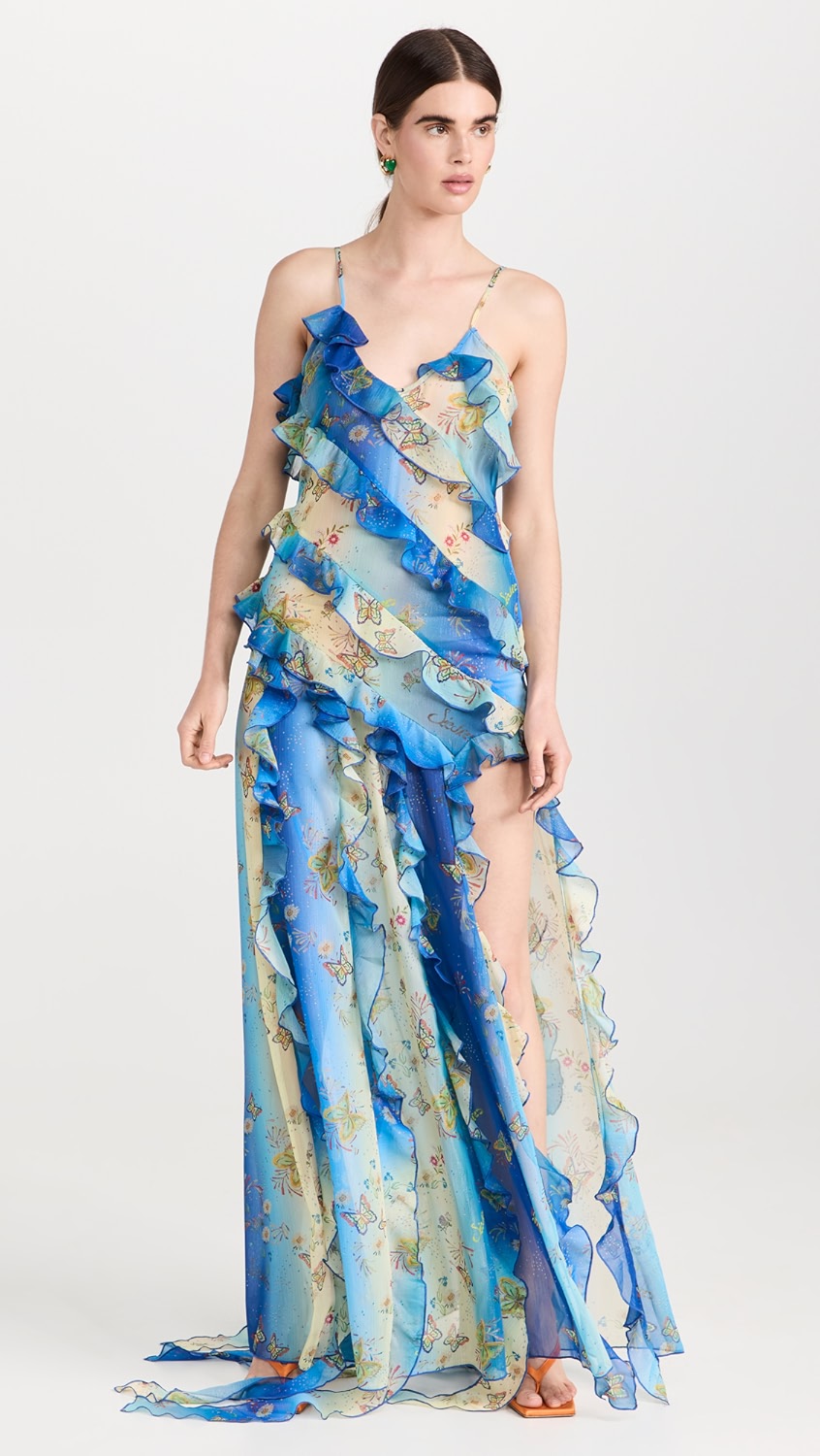 Elevate your style with the stunning SIEDRES Mari Dress! Made from lightweight, non-stretch chiffon with a beautiful butterfly print and metallic threading, this dress will make you stand out in any crowd. Featuring ruffles at the hem, a side slit, and a V neckline with fixed straps, this is the perfect dress for any special occasion. Plus, enjoy the convenience of FREE express international delivery and EASY returns. Order now while supplies last!