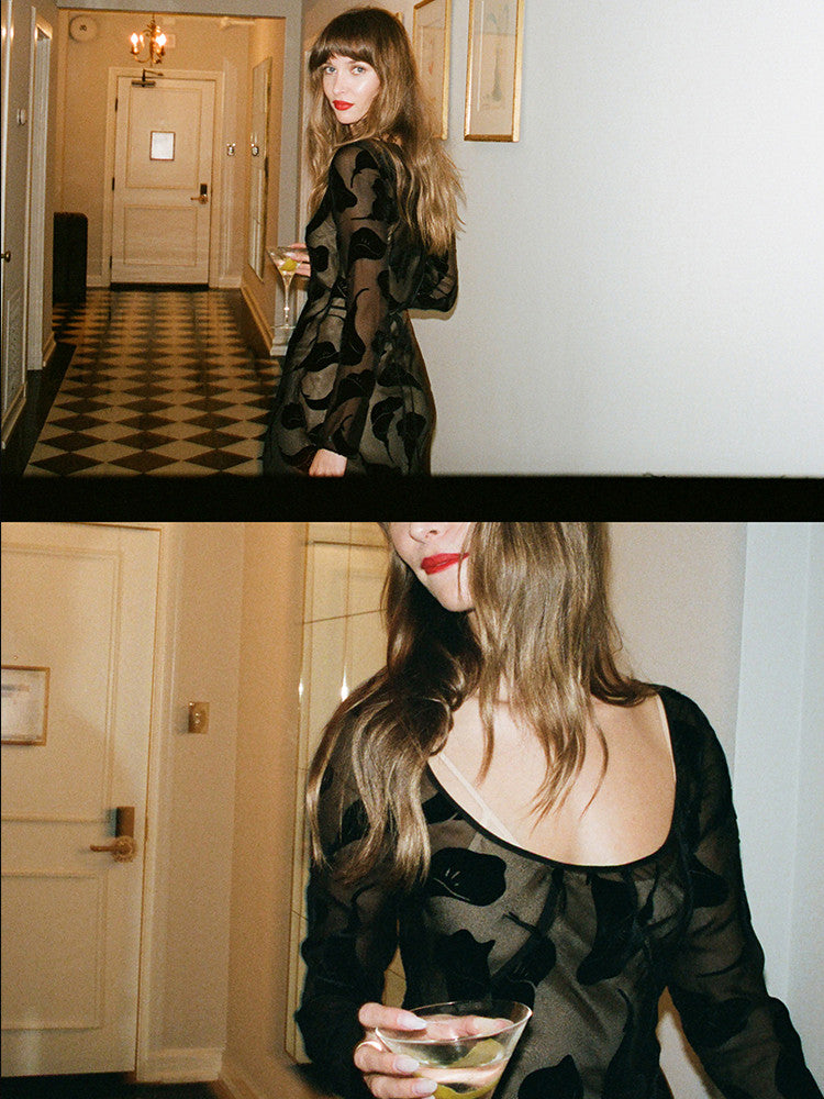 The Inka Dress in Falling Lily Devore combines elegance and subtle allure with its long, semi-sheer design that offers just the right amount of coverage. Featuring a deep neckline and a bias-cut skirt, it captures the ethereal grace of Kate Bush and the bohemian spirit of Joni Mitchell. Ideal for cooler summer nights, this dress pairs beautifully with sky-high heels to create a look of effortless, sexy femininity.