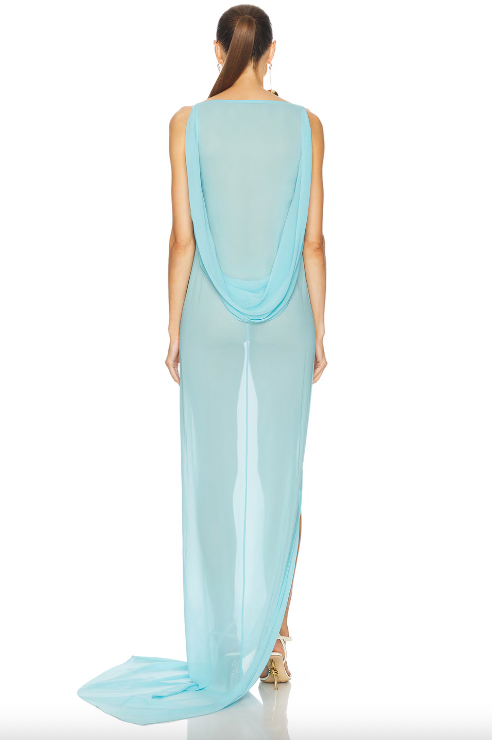 The Ameno features a delicate silk chiffon construction that feels incredibly lightweight and airy. Its design includes a graceful hanging drape along the back, complemented by an elegant train that flows fluidly, enhancing movement with a natural, water-like effect. This sophisticated silhouette is ideal for those seeking refined elegance combined with effortless grace.