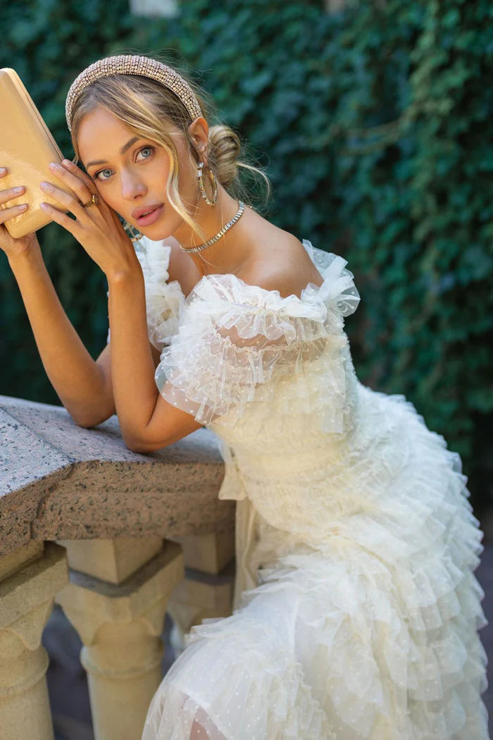 mademoiselle dress Bronx Banco Bridal Midi in White delicate prints Designer Closet Hire | Mademoiselle