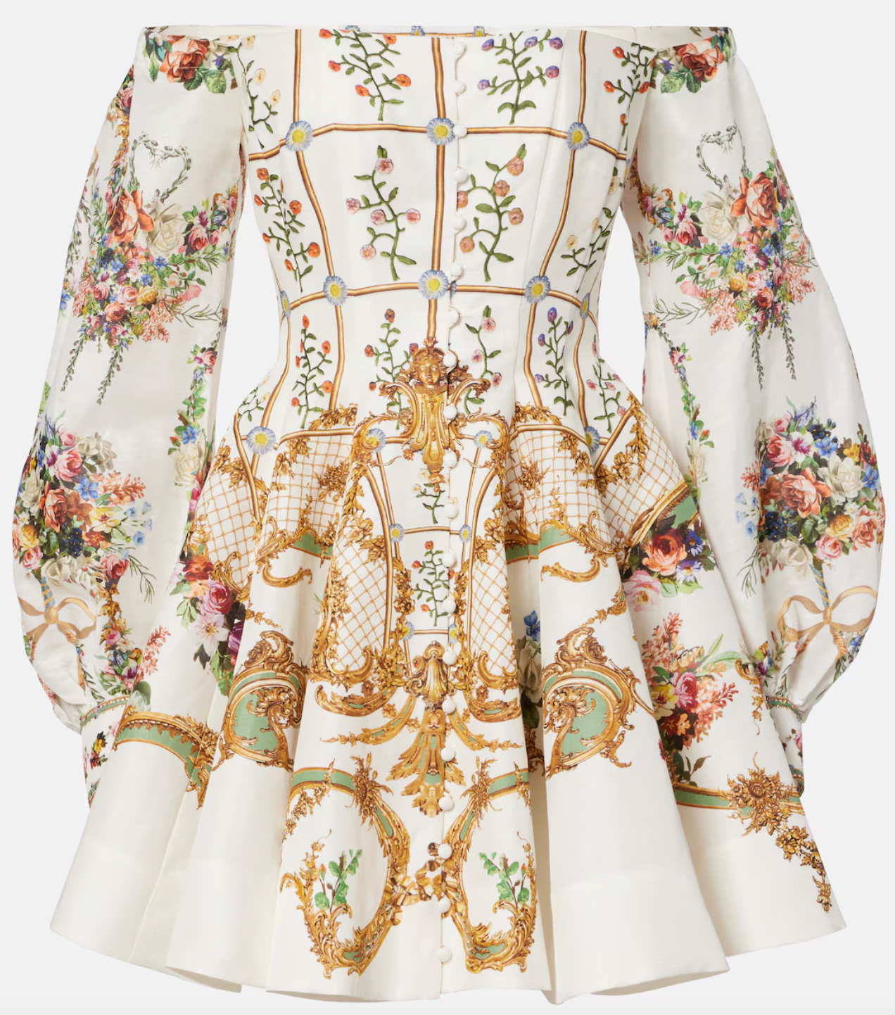 Embrace maximalist elegance with this stunning bustier dress, where Camilla's signature hand-drawn florals meet luxurious craftsmanship. Expertly tailored from a refined linen and silk blend, this showstopping piece features an alluring off-shoulder neckline, intricately placed crystal embellishments, and dramatic billowing sleeves that command attention. The voluminous skirt creates an unforgettable silhouette perfect for those who refuse to blend in. 