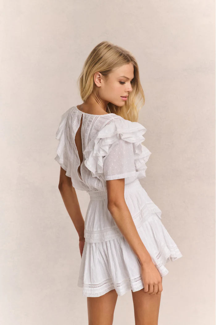 Elevate your style with the Natasha Heritage Mini Dress! The double ruffled flutter sleeves effortlessly accentuate the elasticated waist, while delicate lace trims add a touch of femininity. Perfect for any occasion, this dress exudes elegance and ease.