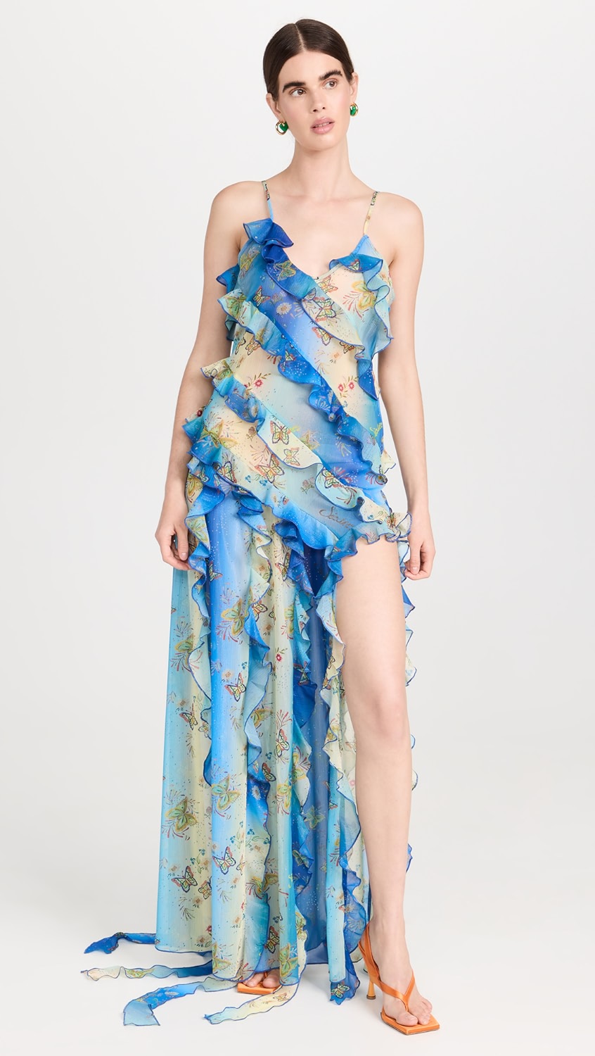 Elevate your style with the stunning SIEDRES Mari Dress! Made from lightweight, non-stretch chiffon with a beautiful butterfly print and metallic threading, this dress will make you stand out in any crowd. Featuring ruffles at the hem, a side slit, and a V neckline with fixed straps, this is the perfect dress for any special occasion. Plus, enjoy the convenience of FREE express international delivery and EASY returns. Order now while supplies last!