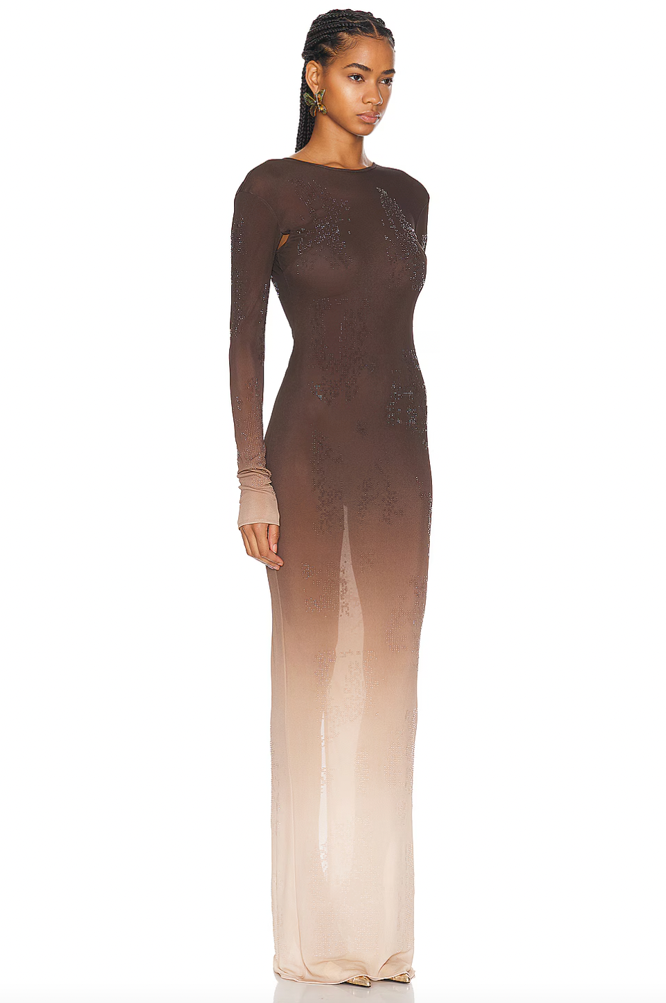 Turn heads in this Destroyed Strass Jersey Long Dress by Andreadamo! Featuring a hidden back zipper closure and crystal embellished detailing throughout, this unlined dress will make you stand out from the crowd. Be ready to make a statement with this unique and stunning piece!